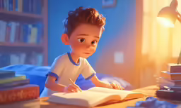 a boy in a blue shirt doing homework with books