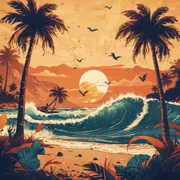 a landscape image of some palm trees and a sunset,a beach scene with a boat in the water and palm trees around
