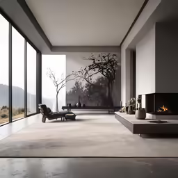 a living area with a fireplace, a lounge chair, a coffee table and large glass windows