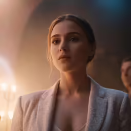 a woman in a jacket looks away from the camera