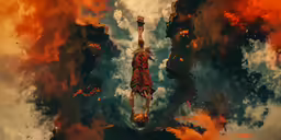a digital painting with a sky background and a reflection of a statue