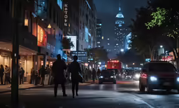 people walking on a city street in the evening