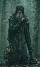 a bearded man standing in a forest, smoking a cigarette