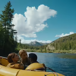 group of people enjoying rafting with paddle in river