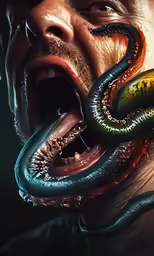 a man is snarling with snake in his mouth