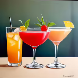 three drink glasses are lined up side by side