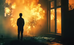 man looking out from burning building with large fire behind him