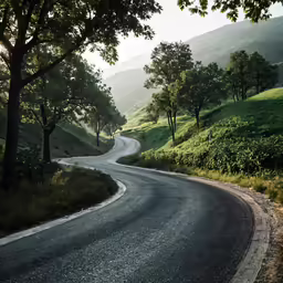 two trees line the right side of the curved road