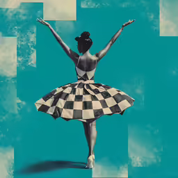 a woman with a checkerboard print dress on