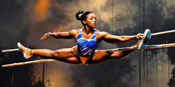 a woman doing tricks on the pole with blue and yellow shoes,a black woman with blue shorts on a pole