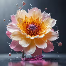 the large flower is yellow and pink with small drops,a pink and yellow flower with water droplets