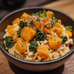 a dish of rice with carrots and parsley in a brown bowl
