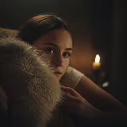 a woman is resting on a large fur covered cushion, close to the camera