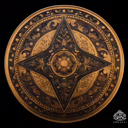 a golden star designed with intricate designs on a black background
