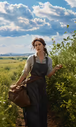 the woman is walking in a field with a bag