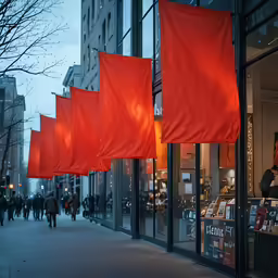 people walk by a row of red flags