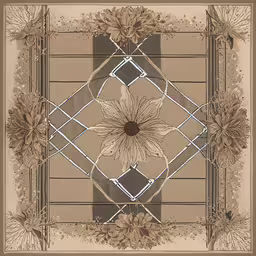 a decorative square design in browns and beige,a floral design made of lines and flowers