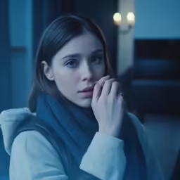 a woman looks up while wearing a scarves