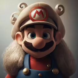 a toy figure wearing an antlers hat and blue overalls