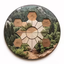 a group of five wooden shapes with a map underneath it