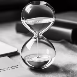 an hourglass is on a table near a laptop