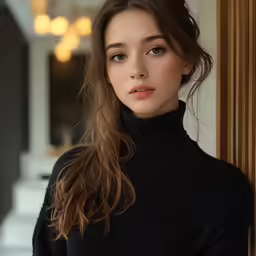 a woman poses for a picture wearing black sweater