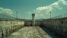 the view from outside of a prison cell,a tower at the top of a ramp in a prison cell