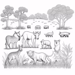 an ink drawing of wild animals standing on the grass