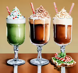 three drinks, one for green, two for dark, and one for white,three glasses with different colored beverages sitting on a table