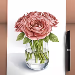 a painting of roses in a vase with water