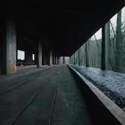 a wooden walkway in an old building with a view out the window