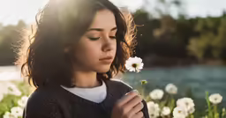 a woman holding a daisy flower up to her face