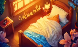 an animated bed room with an alluring lamp and flowers