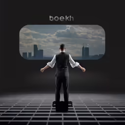 a man is in a black and white space with his arms outstretched out