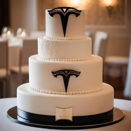 a white and black wedding cake sitting on top of a table