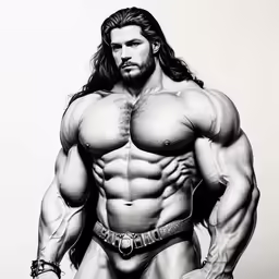a male bodyburst with long hair and no shirt posing for a photo