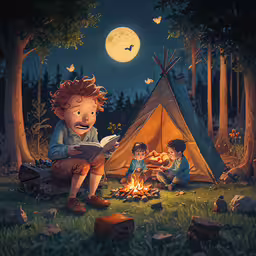 a couple of kids sitting around a bonfire in the forest,two children sitting around a campfire reading books