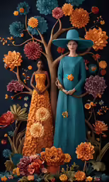 a painting of two people with flowers on a dark background