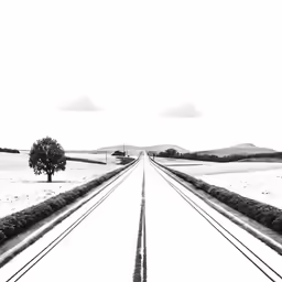 a very long railroad line going down a road