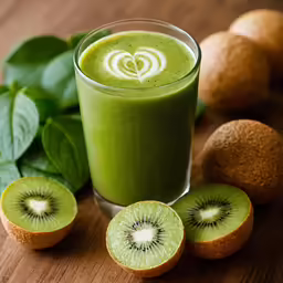 a green smoothie in a glass with a kiwi in the center on top