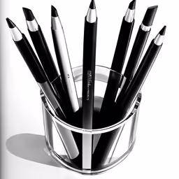 black and white photograph of a cup full of pens