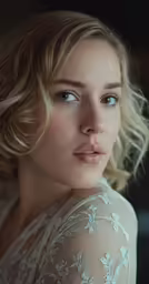 blonde haired girl in a sheer white dress looking into the camera