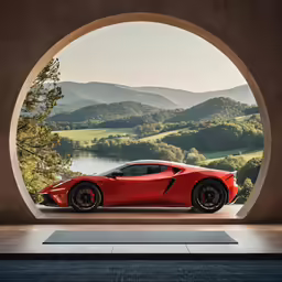 a red sports car parked inside of a round window