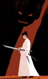 an anime character holding a sword on top of a red ground