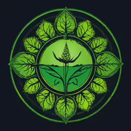 a green drawing with leaf and leaves around it,an image of a flower in the center of a circle
