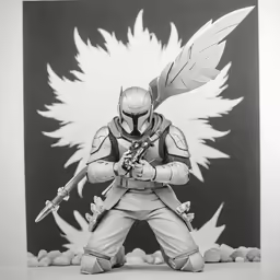 a drawing of an action figure wearing a armor and weapon