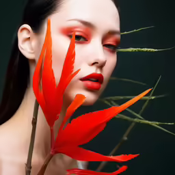 a woman is in red and orange with red flowers