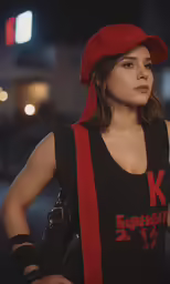 the woman is wearing a red and black hat