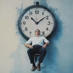 a man with his hands on his face is sitting in front of a large clock