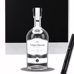 an open bottle with two black penes next to it